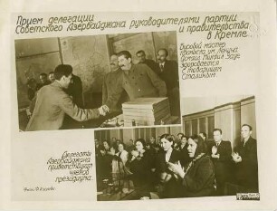 Gruppenfoto, Genosse Stalin, Generalsekretär der Sowjetunion, unter Präsidiumsmitgliedern, begrüsst im Kreml den Delegierten aus Aserbeidschan (sowjetische Teilrepublik) Ismail Mikail Sade, darunter: Delegierte aus Aserbeidschan begrüssen das Präsidium