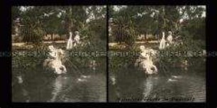 Mann und Kind an einem Teich im Park