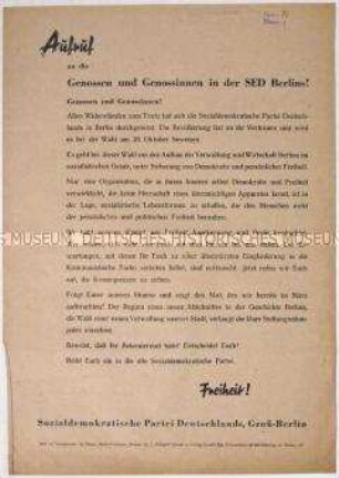 Aufruf der SPD Berlin an die Mitglieder der SED zur Unterstützung der SPD bei der Kommunalwahl am 20. Oktober 1946