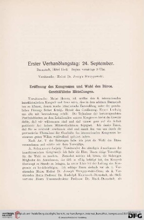 Eröffnung des Kongresses und Wahl des Büros. Geschäftliche Mitteilungen