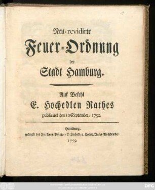 Neu-revidirte Feuer-Ordnung der Stadt Hamburg