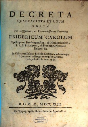 Decreta quadraginta et unum edita in Visitatione insignis ecclesiae colleg. ad S. Joh. in Haugis