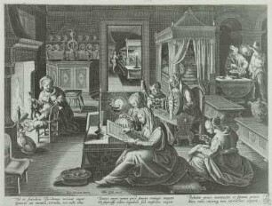Strickende, klöppelnde und spinnende Frauen : Stickende, klöppelnde u. spinnende Frauen, Stich, um 1600