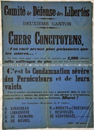 Französisches Plakat des Ausschusses zur Verteidigung der Freiheit und der Gemeinderäte des 2. Verwaltungsbezirkes an die Bürger