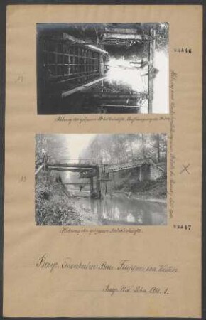 Hebung und Wiederherstellung eines eisernen Stegs und einer eisernen Straßenbrücke bei Schloß Remilly und Aillicourt, Juni - Juli 1916: Hebung der größeren Brückenhälfte