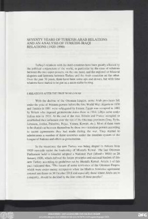 Seventy Years Of Turkish-Arab Relations And An Analysis Of Turkish-Iraqi Relations (1920-1990)