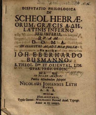 Dispvtatio Philologica De Scheol Hebraeorum, Graecis Aidē, Latinis Inferno Seu Inferis