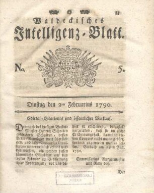 No. 5, Dinstag den 2ten Februarius 1790