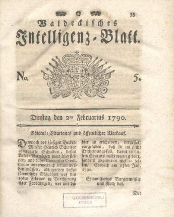 No. 5, Dinstag den 2ten Februarius 1790
