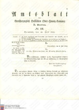 Verordnung: Ab 1. September 1844 soll das gesetzliche Chausseegeld auf der Straße von Roßdorf durch Ober-Ramstadt über Gadernheim nach Lindenfels erhoben werden