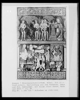Bibel, folio 12 verso: Sündenfall und Vertreibung aus dem Paradies