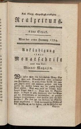 6tes Stück. Wien den 12ten Hornung 1774.