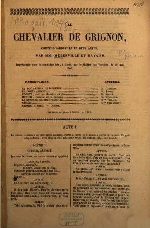Le chevalier de Grignon, comédie-vaudeville en deux actes : représentée pour la première fois, à Paris, sur le théâtre des Variétés, le 28 mai 1844
