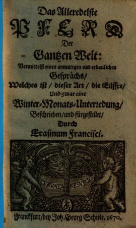 Das Alleredelste Pferd Der Gantzen Welt : Vermittelst eines anmutigen und erbaulichen Gesprächs, Welches ist, dieser Art, die Eilffte, Und zwar eine Winter-Monats-Unterredung ...