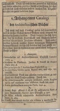 I. Anhang eines Catalogi der Architectonischen Bücher