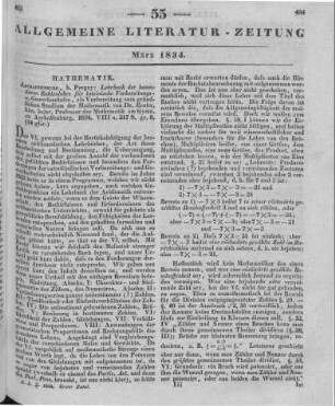 Reuter, F.: Lehrbuch der besonderen Zahlenlehre für lateinische Vorbereitung- u. Gewerbschulen, als Vorbereitung zum gruendlichen Studium der Mathematik. Aschaffenburg: Pergay 1834
