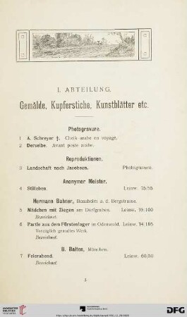 I. Abteilung. Gemälde, Kupferstiche, Kunstblätter etc. (Nr. 1-214)