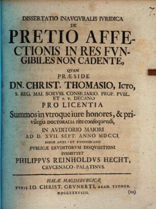 Dissertatio Inavgvralis Ivridica De Pretio Affectionis In Res Fvngibiles Non Cadente