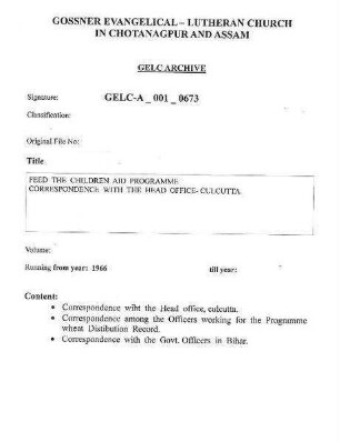 FEED THE CHILDREN AID PROG. CORRESPONDENCE WITH THE HD.OFFICE