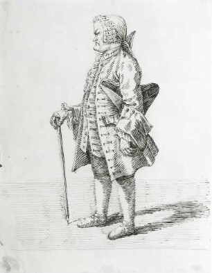 Stehender Mann im Profil nach links, rechte Hand auf Stock gestützt : Ghezzi, Pier Leone: Stehender Mann im Profil nach links, rechte Hand auf Stock gestützt. Feder; 28,7 x 20 cm. Dresden: Kupferstich-Kabinett Ca 51, S. 27