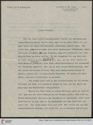 Brief von Aby Moritz Warburg an Franz Boll