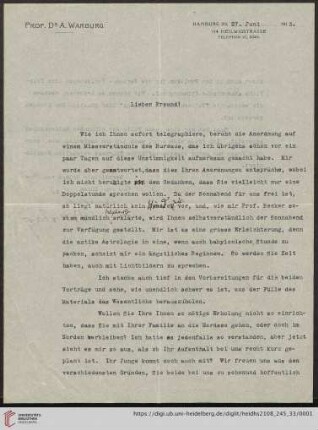 Brief von Aby Moritz Warburg an Franz Boll