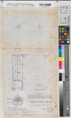 Ennigerloh (Ennigerloh) Grube Nüning Kesselanlage stehender Röhrenkessel Grundriß, Schnitt 1882 1 : 15 63 x 31 Zeichnung Bergämter Nr. 5366
