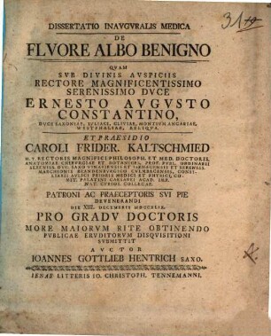 Dissertatio Inavgvralis Medica De Flvore Albo Benigno
