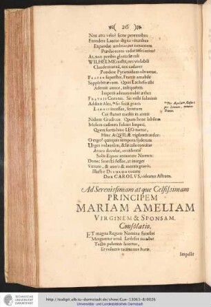 Ad Serenissimam atque Celsissimam Principem Mariam Ameliam Virginem & Sponsam. Consolatio