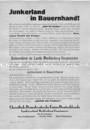 Flugblatt mit dem Aufruf des Landesverbandes Mecklenburg-Vorpommern der CDU zur Unterstützung der Verordnung über die Bodenreform