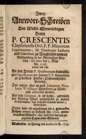 1-32, Zwey Antwort-Schreiben Des Wohl-Ehrwürdigen ...