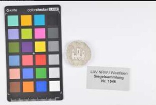 Siegler: Vechta, Burgmannschaft Überlieferungsart: Nachbildung. Stoff: Gips Farbe: ungefärbt Form: rund. Durchmesser: 30 mm Art: Typ: Umschrift: