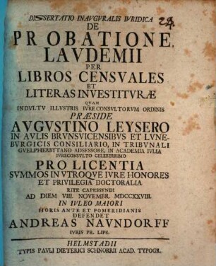 Dissertatio Inavgvralis Ivridica De Probatione Lavdemii Per Libros Censvales Et Literas Investitvræ