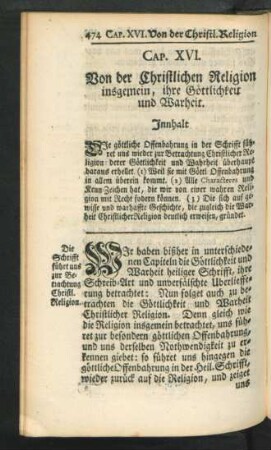 Cap. XVI. Von der Christlichen Religion insgemein, ihre Göttlichkeit und Warheit.