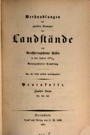 Verhandlungen der Zweiten Kammer der Landstände des Großherzogthums Hessen. Protokolle. 1866/68,2 = 19. Landtag (1867)