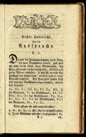 Erster Unterricht. Von der Aussprache. - Vierter Unterricht. Von den Zeitwörtern.