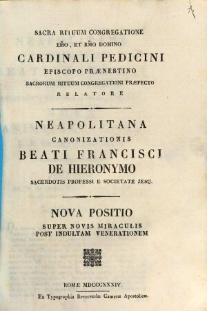 Neapolitana canonizationis beati Francisci de Hieronymo sacerdotis professi e Societate Jesu, [2]. Nova positio super novis miraculis post indultam venerationem