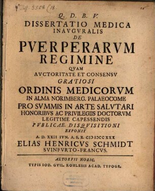 Dissertatio medica inauguralis de puerperarum regimine