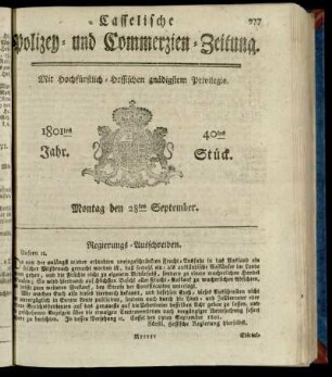 40tes Stueck, Montag den 28ten September 1801