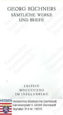 Büchner, Georg, Dr. phil. (1813-1837) / Titelblatt der Werkausgabe von F. Bergemann 'Georg Büchners sämtliche Werke und Briefe'