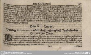 Das XII. Capitel. Von der Stereometrie oder Außmessung deß Inhalts der Cörperlichen Dinge.
