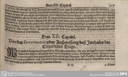 Das XII. Capitel. Von der Stereometrie oder Außmessung deß Inhalts der Cörperlichen Dinge.