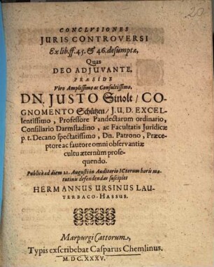 Conclusiones Iuris Controversi Ex lib. 45. & 46. desumptae
