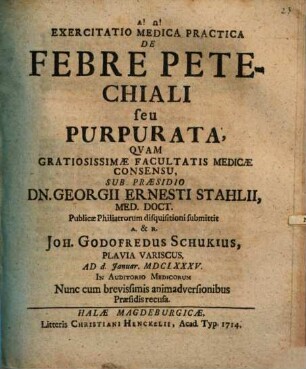 Exercitatio Medica Practica De Febre Petechiali seu Purpurata