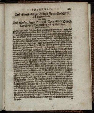 Deß Churfürstlichen Collegii Gegen-Nothdurfft und Reprotestatio ; Wie solche Deß Käyserl. Herrn Principal-Commissarii Durchl. Durchl. durch Chur-Mayntz den 24. Sept. 1690. zugestellet worden.