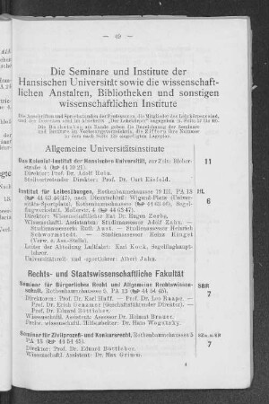 Die Seminare und Institute der Hansischen Universität sowie die wissenschaftlichen Anstalten, Bibliotheken und sonstigen wissenschaftlichen Institute