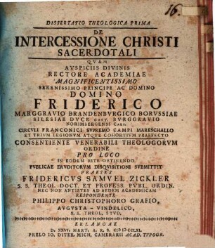 Dissertatio theologica de intercessione Christi sacerdotali, 1. ... respondente Philippo Christophoro Grafio. 1761. 42 S.
