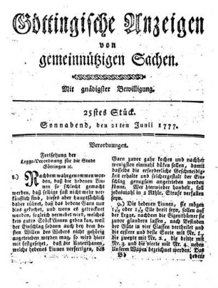 25stes Stück. Sonnabend, den 21ten Junii 1777.