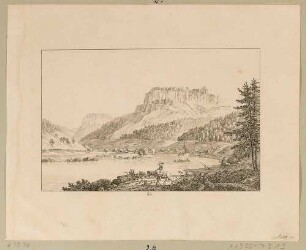 Der Königstein in der Sächsischen Schweiz vom Elbufer nach Südosten, im Hintergrund der Pfaffenstein, aus Richters "70 Mahlerischen An- und Aussichten ..."