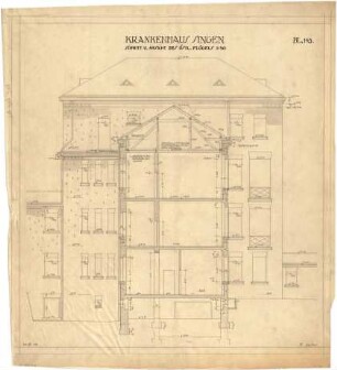 Billing, Hermann; Singen; Krankenhaus - Hauptgebäude, östlicher Flügel (Ansicht; Schnitt)